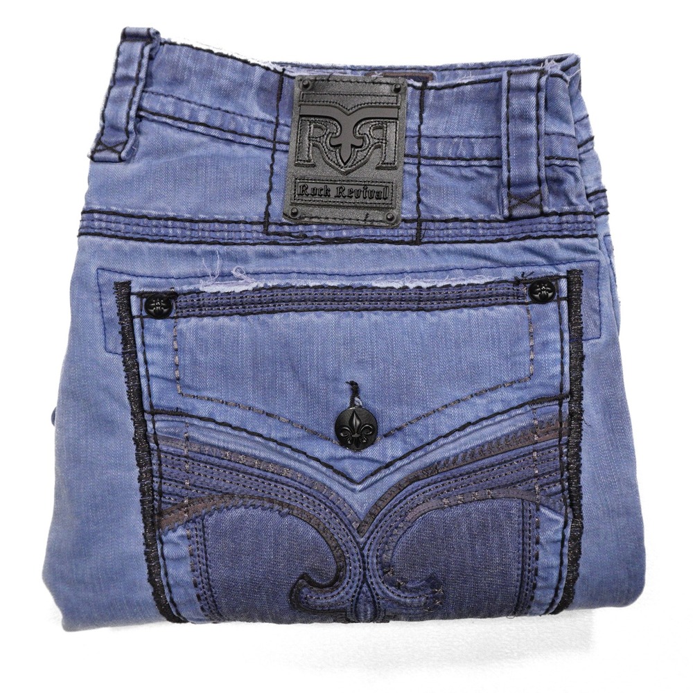 NWT ROCK REVIVAL Men's 42 Blue‎ Embroidered Sycamore Biker Straight Leg Jeans